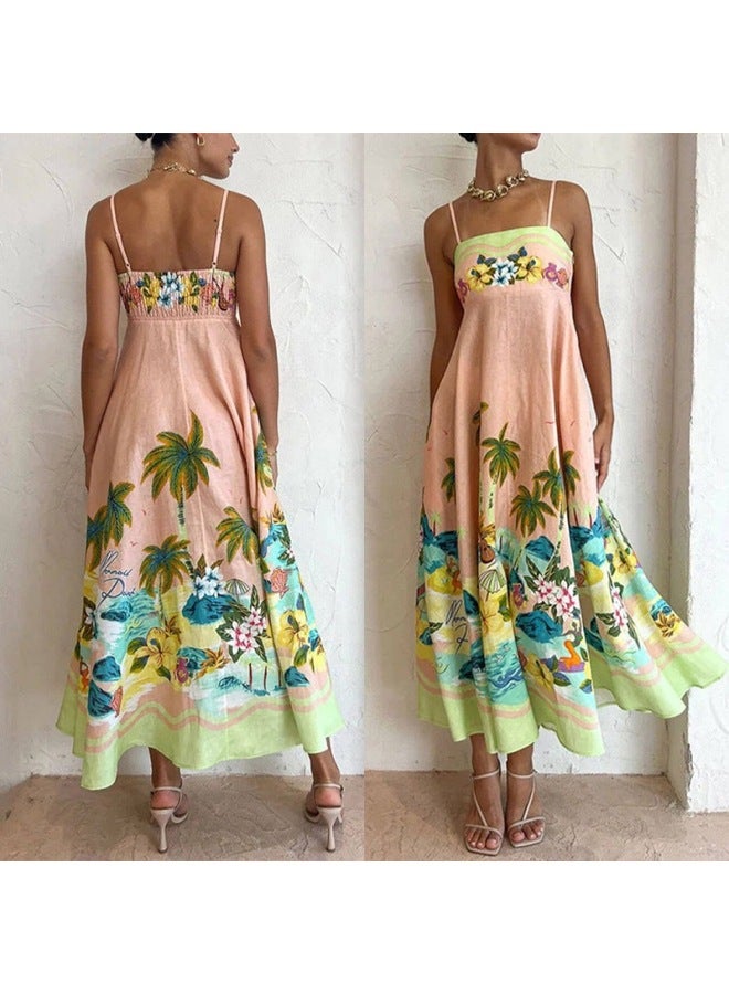 HongSheng Summer New Elegant Beach Style Print High-waist Flowy Strapless Dress Women - Image 2