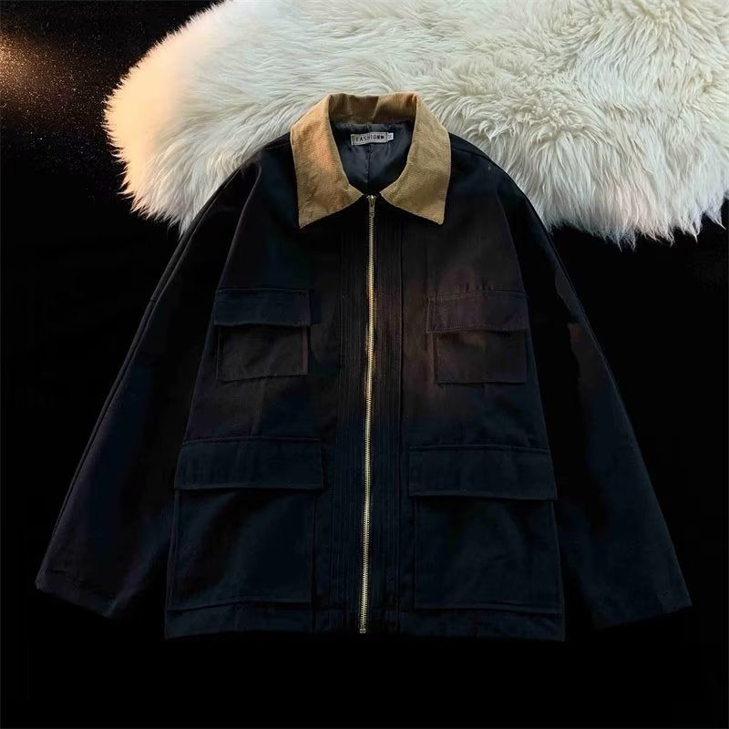 Japanese Style Vintage Work Jacket Mens Spring and Autumn New Fashionable Brand Functional Jacket Korean Style Hong Kong Style Loose Handsome Top Fashionable Black  - Image 1