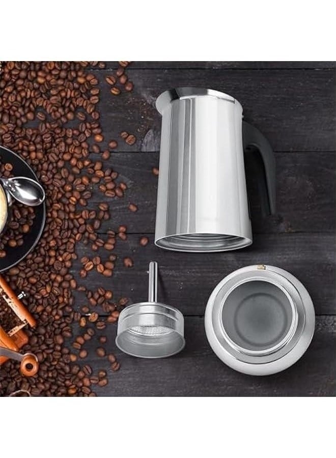 هابي هوم ماكينة قهوة كهربائية من الفولاذ المقاوم للصدأ، وعاء قهوة موكا، جهاز تحضير قهوة اسبريسو لاتيه، جهاز تحضير قهوة بفلتر على الموقد، وعاء قهوة كبير الحجم لستة أشخاص، بمقبض، مناسب لموقد غاز أو كهربائي سيراميك للتخييم، جهاز تحضير قهوة كوبي يدوي للكابتشينو أو لاتيه، 6 أكواب، 20.5 × 10 سم، فضي - Image 5