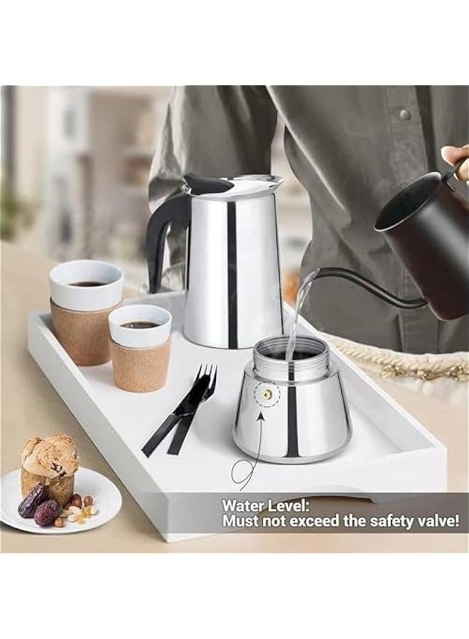 هابي هوم ماكينة قهوة كهربائية من الفولاذ المقاوم للصدأ، وعاء قهوة موكا، جهاز تحضير قهوة اسبريسو لاتيه، جهاز تحضير قهوة بفلتر على الموقد، وعاء قهوة كبير الحجم لستة أشخاص، بمقبض، مناسب لموقد غاز أو كهربائي سيراميك للتخييم، جهاز تحضير قهوة كوبي يدوي للكابتشينو أو لاتيه، 6 أكواب، 20.5 × 10 سم، فضي - Image 4