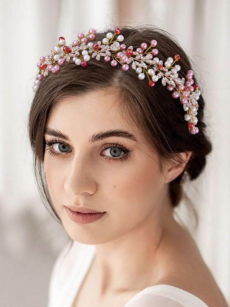 IYOU Pearl Wedding Hair Vine Pink Leaf Bridal Headband Crystal Bridesmaid Bride Hair Piece Accessories for WomenGold