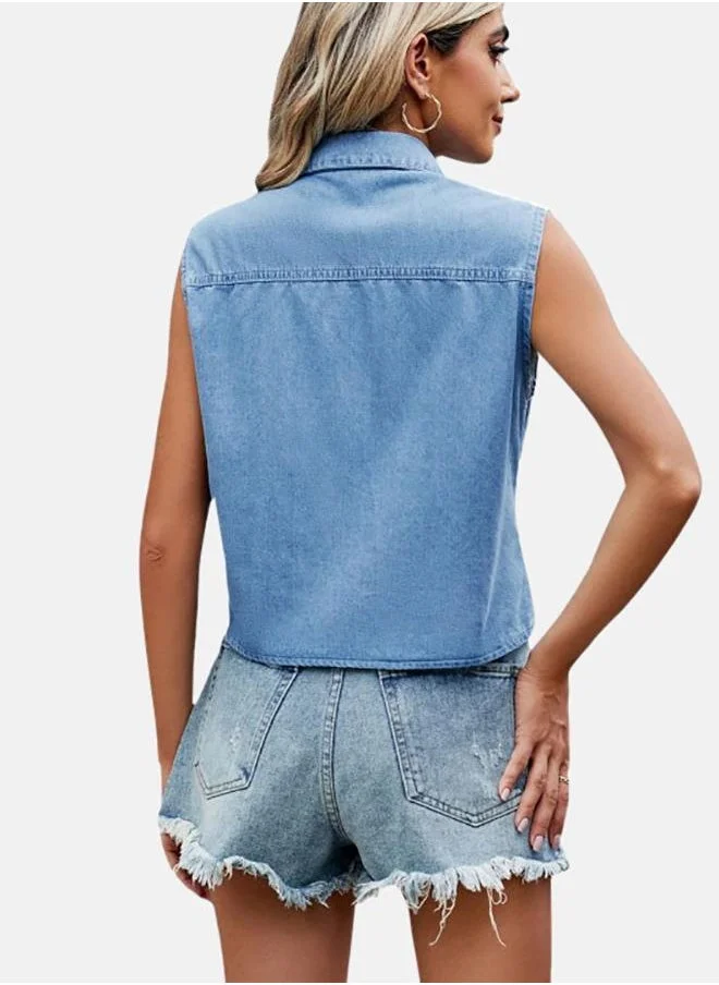 YUNIQEE Blue Collared Sleeveless Shirt