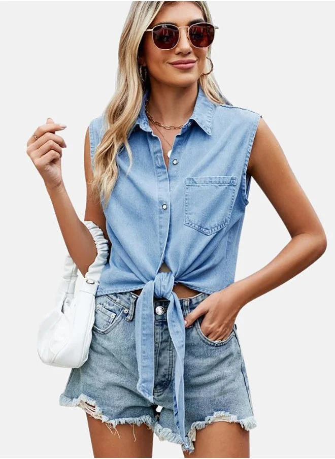 YUNIQEE Blue Collared Sleeveless Shirt