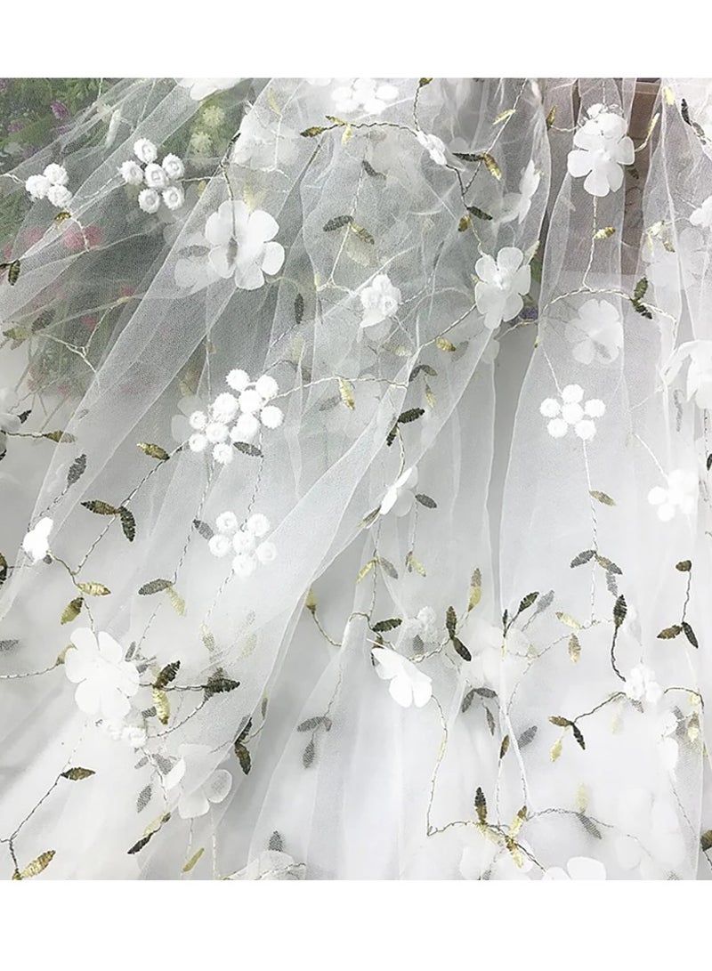 White Embroidered Floral Lace Fabric for Tulle Dresses 6ft x 47in DIY Cuttable Decorative Lace Tulle for Skirt Curtain Gown Wedding Dress Curtain Decor - Image 1