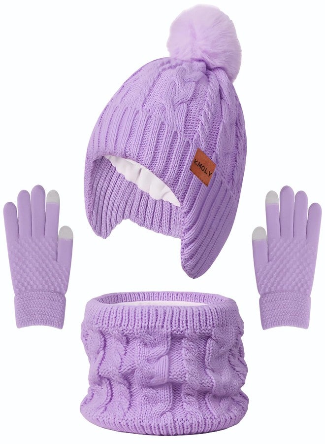 KMOLY Kids Winter Hat Gloves Scarf Set, Beanie with Pom Earflaps Fleece Lined Gradient Neck Touchscreen Gloves for Girls Boys (Purple) - Image 1