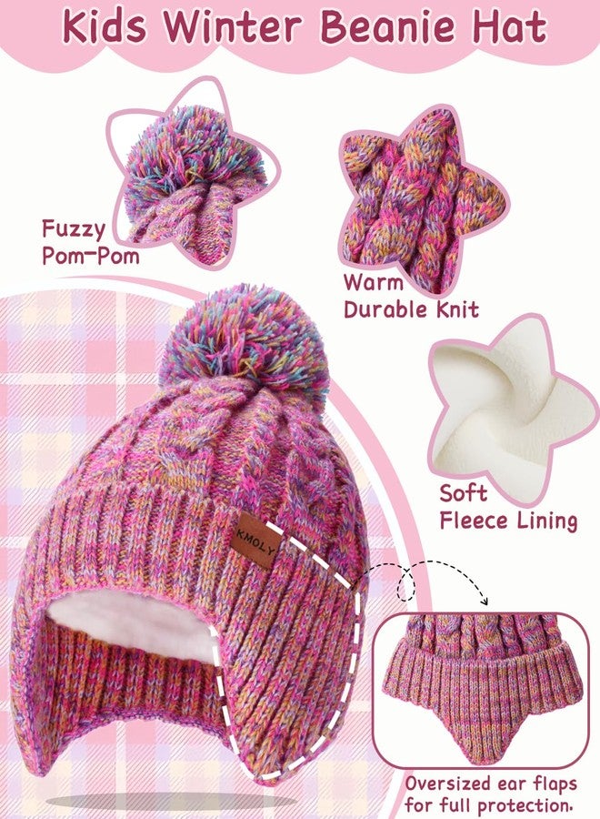 KMOLY Kids Winter Hat Gloves Scarf Set, Beanie with Pom Earflaps Fleece Lined Gradient Neck Touchscreen Gloves for Girls Boys (Purple) - Image 2