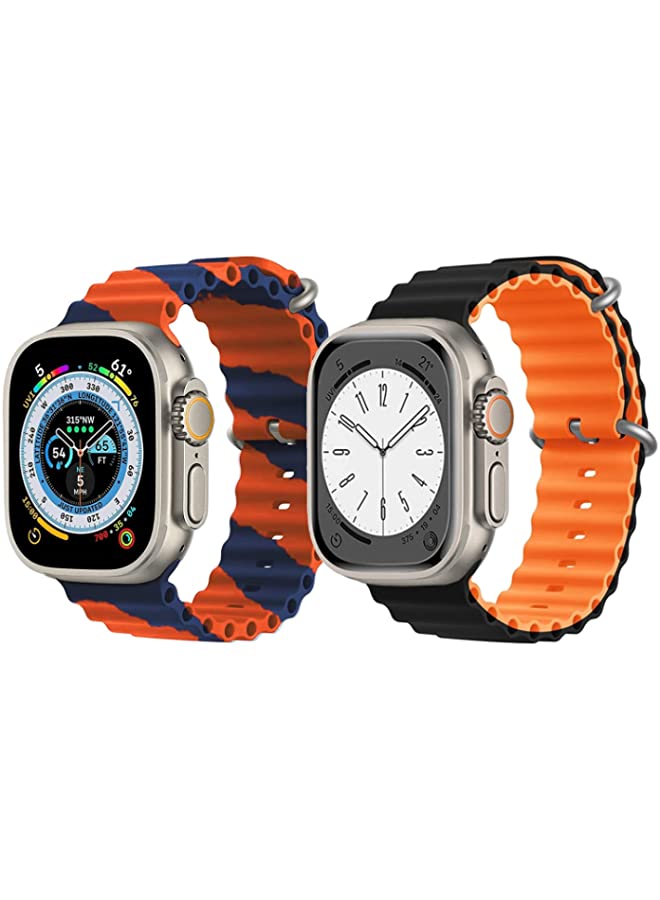 IAF Silicone Ocean Band Strap for Apple Watch Ultra 8 49mm Orange/Blue Double Line Strap with Black/Orange Double Side Strap Set of 2