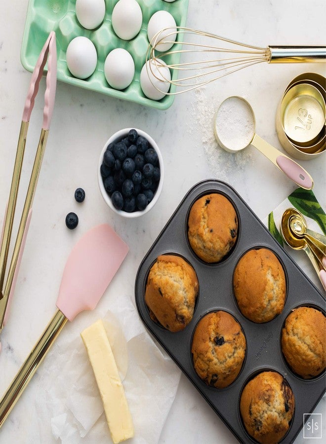 ستايلد سيتينجز طقم أدوات مطبخ ذهبي ووردي مع حامل - 7 قطع من أدوات الطبخ تتضمن مضربًا ذهبيًا، ومغرفة، وملقطًا، وملعقة تقليب، وملعقة مسطحة، وملعقة عادية - إكسسوارات مطبخ وردية أنيقة للطبخ والتقديم العصري - Image 3