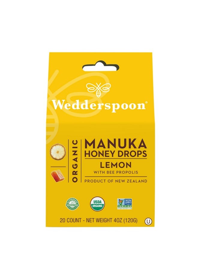 Wedderspoon Wedderspoon Organic Manuka Honey Drops, Lemon & Bee Propolis, 20 Count (Pack of 1) | Genuine New Zealand Honey | Perfect Remedy For Dry Throats  - Image 1
