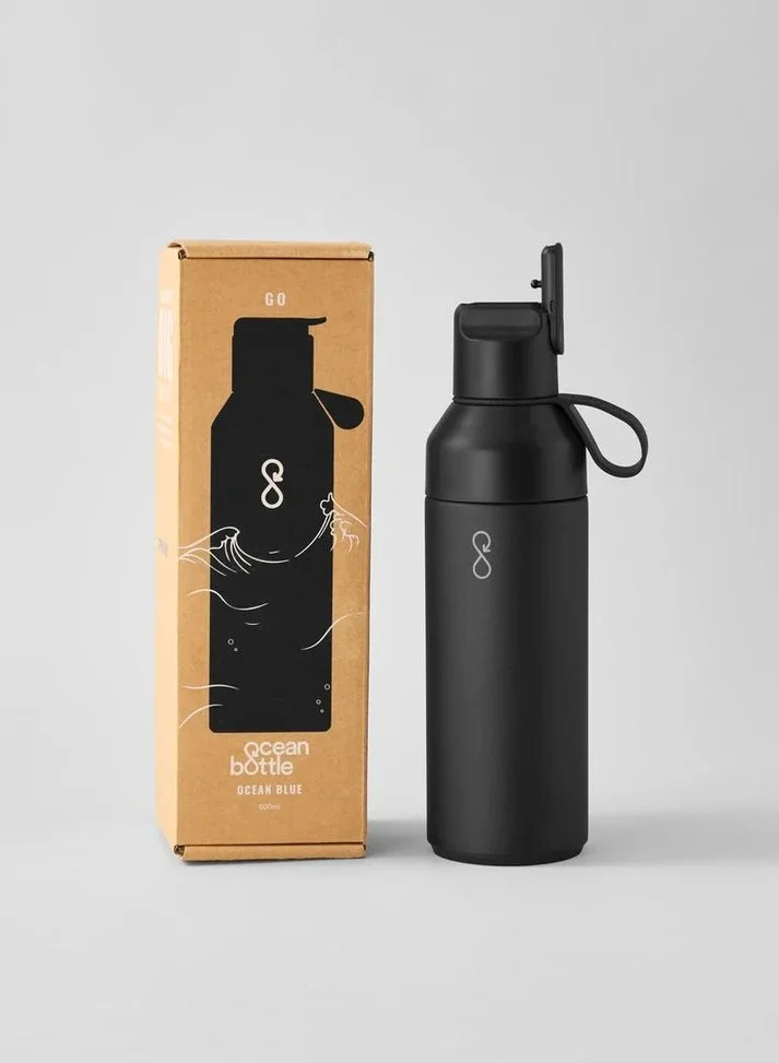 Ocean Bottle Eco-Friendly Stainless Steel Reusable Water Bottle Leakproof With Straw And Flip Lid - Obsidian Black 17 oz