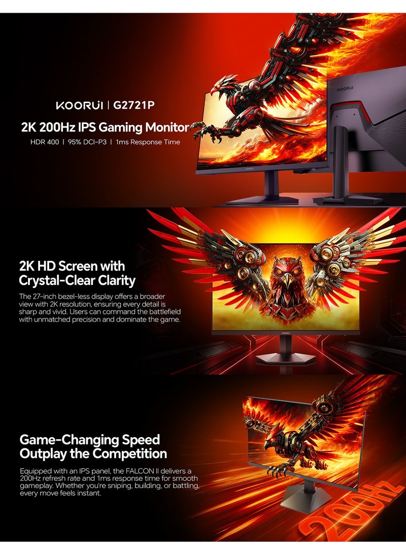 KOORUI 27-Inch QHD Gaming Monitor | 2560×1440 IPS Display, 200Hz/1ms, 95% DCI-P3, HDR400, Flat Screen, Adaptive Sync, 2× HDMI 2.0 + DP 1.4, VESA 75×75 Mountable – G2721P - Image 2