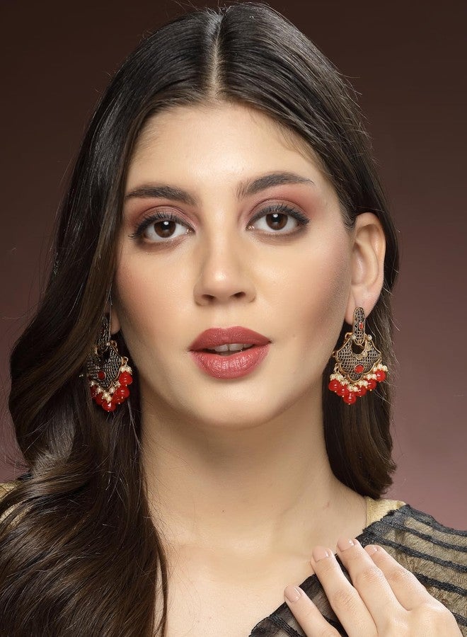 ADIVA Gold-Plated Grey Hand-Painted Pearl & Kundan Stone Studded Dome Shaped Classic Jhumka Earrings Set for women, Traditional Stylish Jhumka for Girls Party, Wedding, Festive - Image 3