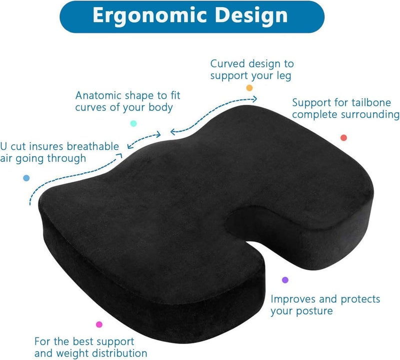 Comfy Coccyx Seat Cushion Orthopedic Chair Pad Pain Relief Memory Foam Cushion with Cover for Office Chair Car Tailbone Sciatica Wheelchair - Black - Image 4