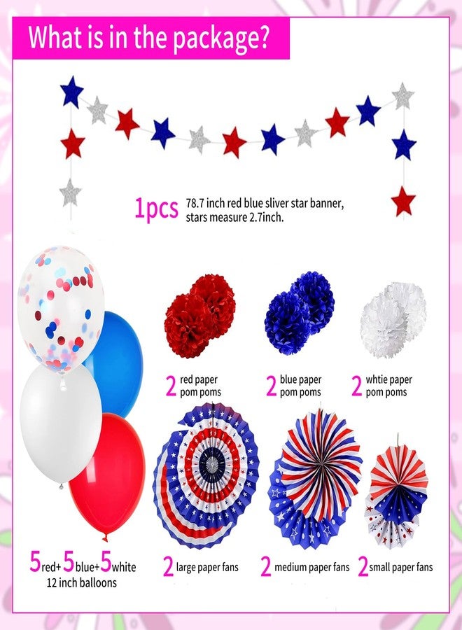 BSOMAM 35Pcs Patriotic Decorations 4th of July Decor Independence Day Red White Blue Balloons Paper Fans Star Streamer Poms for July 4th Decor, Flag Day American Theme Party Veterans Day Party Decor - Image 2