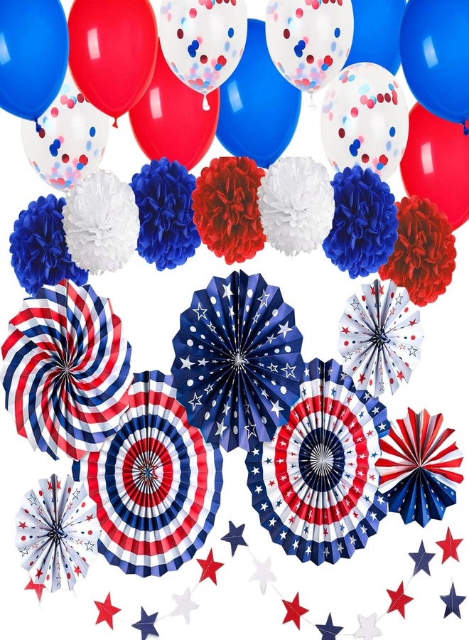 BSOMAM 35Pcs Patriotic Decorations 4th of July Decor Independence Day Red White Blue Balloons Paper Fans Star Streamer Poms for July 4th Decor, Flag Day American Theme Party Veterans Day Party Decor - Image 1