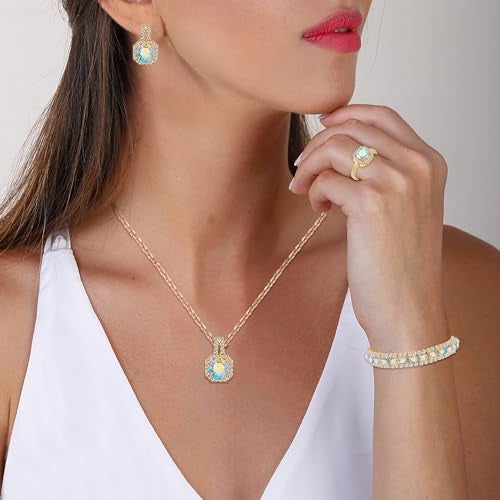 Paxuan 4pcs Cubic Zirconia Wedding Jewelry Sets for Bride Bridesmaid Cubic Zirconia Pendant Necklace Earrings Link Tennis Bracelet Open Ring Set (Gold Plated Iridescent AB Cubic Zirconia) - Image 2