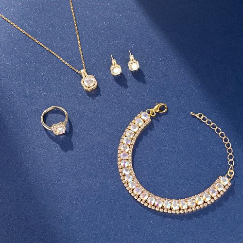 Paxuan 4pcs Cubic Zirconia Wedding Jewelry Sets for Bride Bridesmaid Cubic Zirconia Pendant Necklace Earrings Link Tennis Bracelet Open Ring Set (Gold Plated Iridescent AB Cubic Zirconia) - Image 5