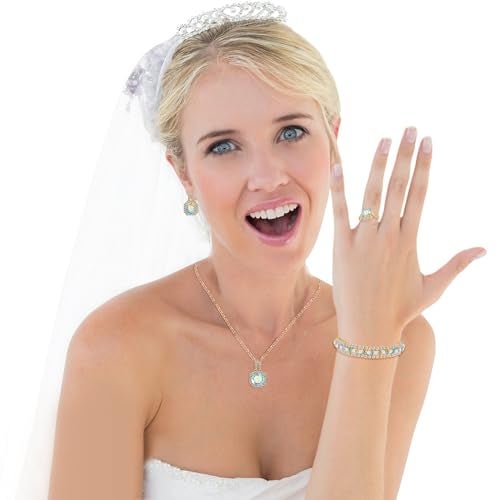 Paxuan 4pcs Cubic Zirconia Wedding Jewelry Sets for Bride Bridesmaid Cubic Zirconia Pendant Necklace Earrings Link Tennis Bracelet Open Ring Set (Gold Plated Iridescent AB Cubic Zirconia) - Image 3