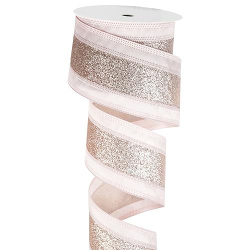 MAYREEL 25 Inch Rose and Gold Wired Satin Ribbon with Glitter Stripe for Christmas Tree Gift Wrapping Floral Arrangements Bow Making Wreaths Garlands Holiday Decor 10 Yards - Image 1