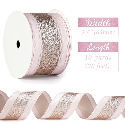 MAYREEL 25 Inch Rose and Gold Wired Satin Ribbon with Glitter Stripe for Christmas Tree Gift Wrapping Floral Arrangements Bow Making Wreaths Garlands Holiday Decor 10 Yards - Image 3