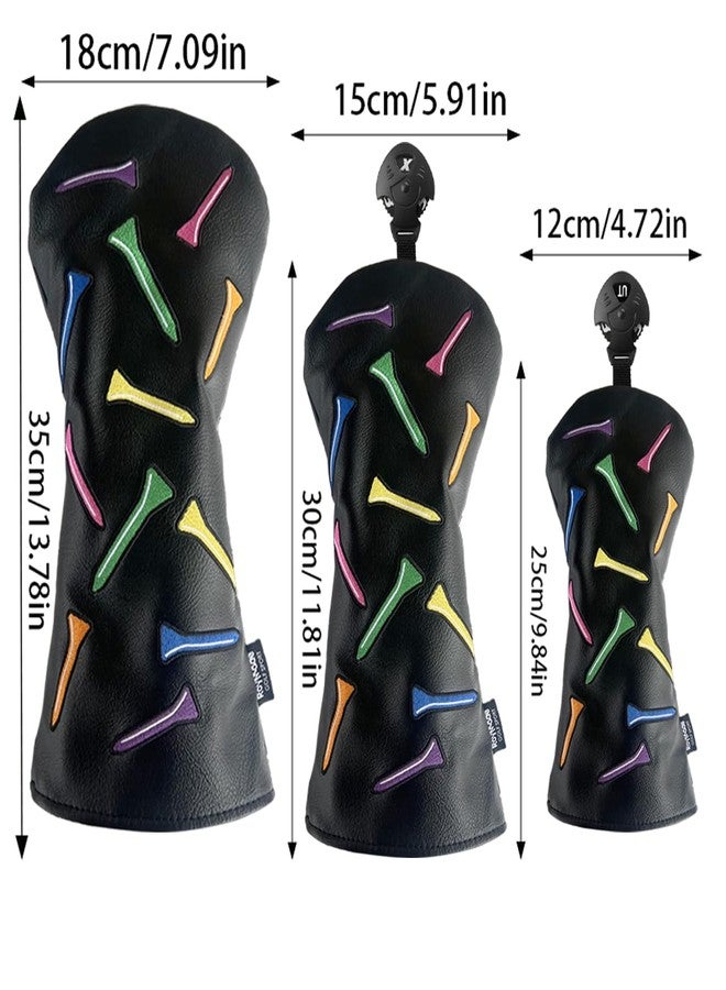 ROYMADE Golf Club Covers Set Colorful Tees Design Driver Covers Fairway Wood Cover Hybrid Cover Leather Golf Wood Head Cover (Color T Black (DR+FW+UT 4pcs)) - Image 2