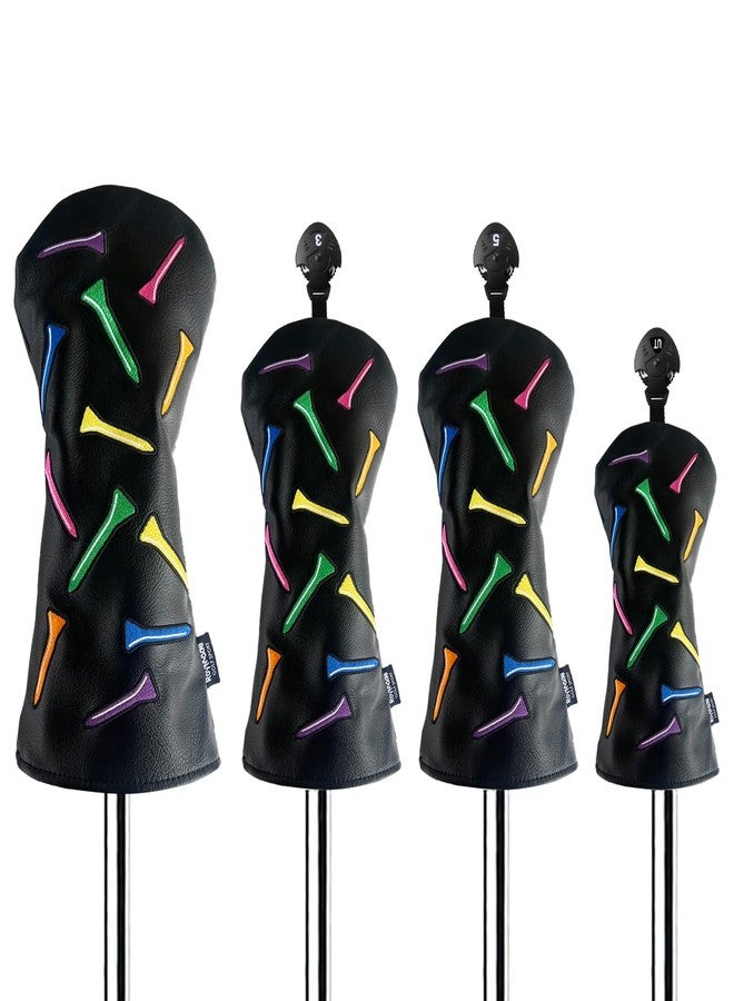 ROYMADE Golf Club Covers Set Colorful Tees Design Driver Covers Fairway Wood Cover Hybrid Cover Leather Golf Wood Head Cover (Color T Black (DR+FW+UT 4pcs)) - Image 1