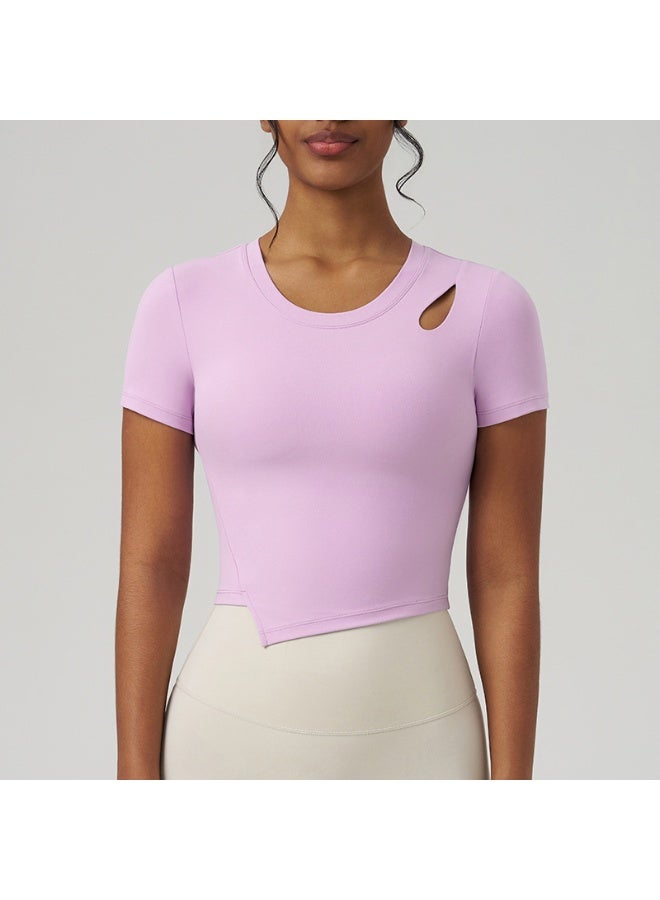 Women Yoga Summer Solid Color Short Sleeve With Fixed Chest Pad Short Sleeve T-shirt Breathable Elastic Slim Fitness Pilates Top - Image 1