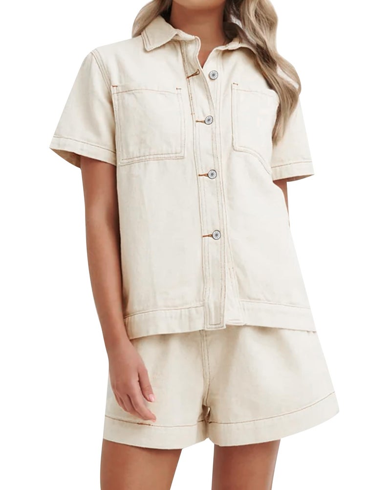 Kedera 2 Piece Denim Outfit for Women Lounge Sets Pajama Sets Short Sleeve Oversized Button Down Boxy Shirts and Shorts Tracksuit - Image 1