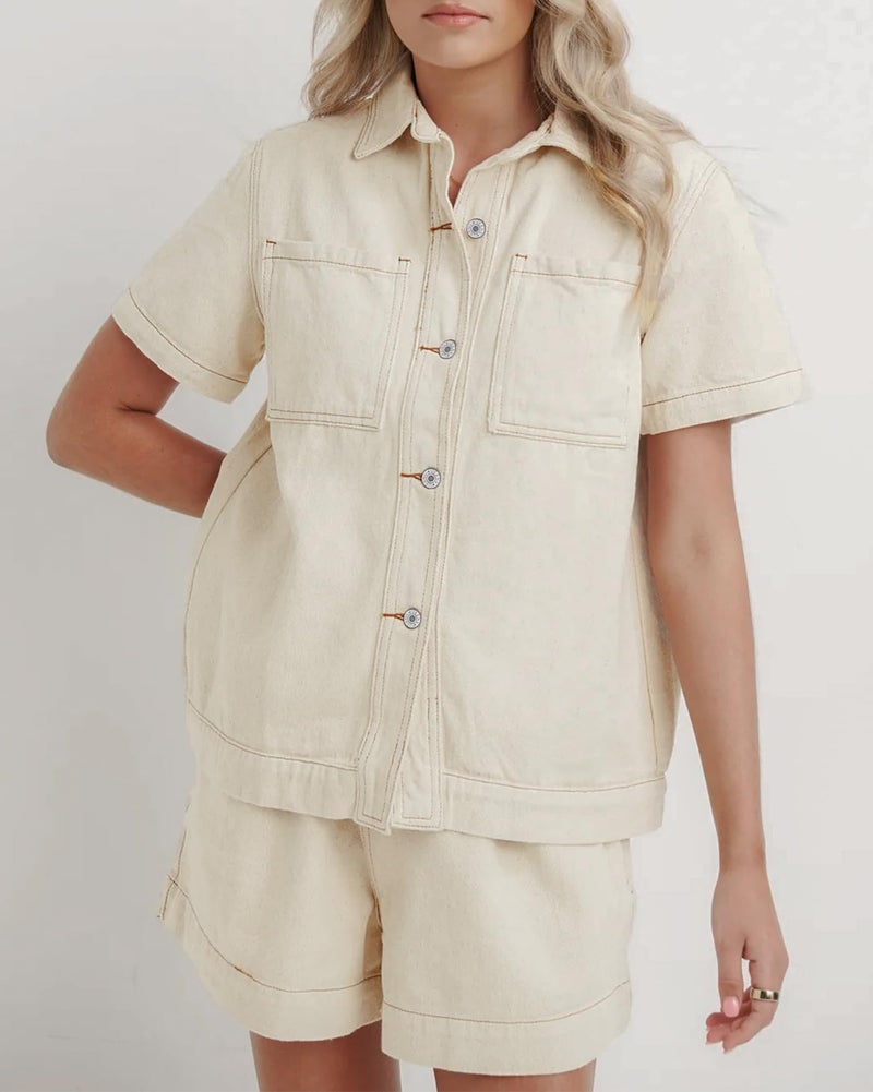 Kedera 2 Piece Denim Outfit for Women Lounge Sets Pajama Sets Short Sleeve Oversized Button Down Boxy Shirts and Shorts Tracksuit - Image 5
