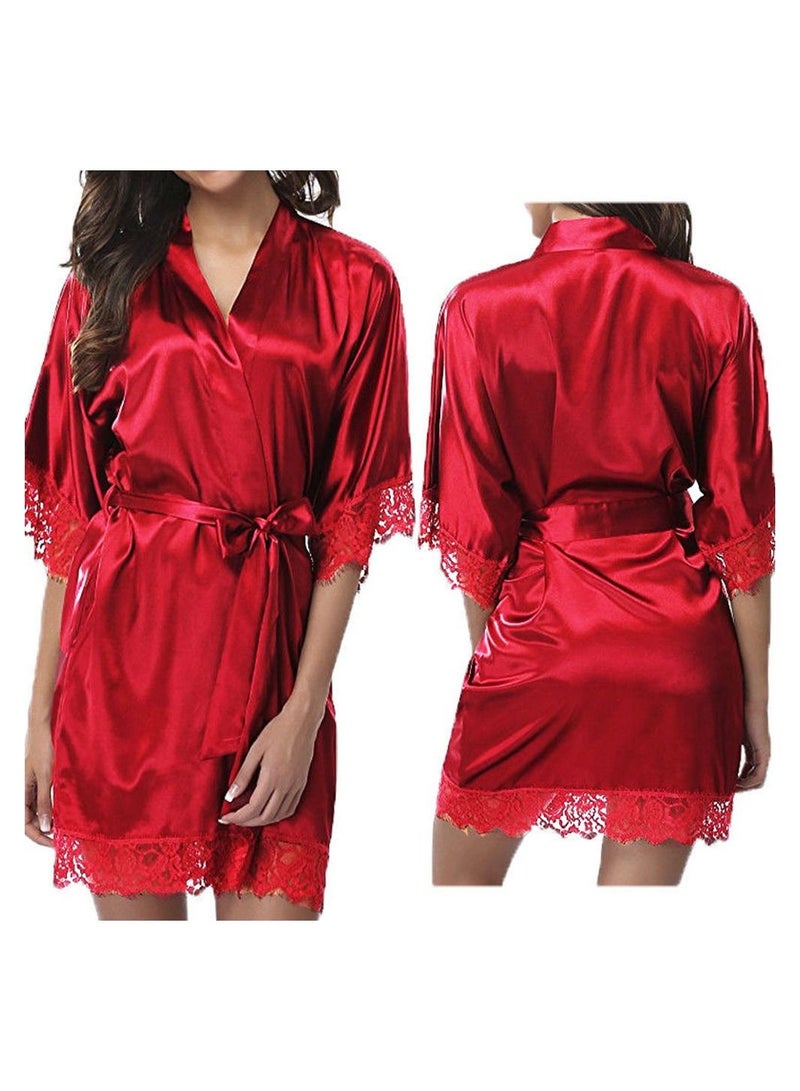 MARGOUN Women Satin Robe Belted Sleepwear Bridal Robe Kimono Satin and lace Sleeve Nightgown Red - Image 5