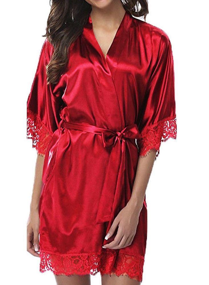 MARGOUN Women Satin Robe Belted Sleepwear Bridal Robe Kimono Satin and lace Sleeve Nightgown Red - Image 4