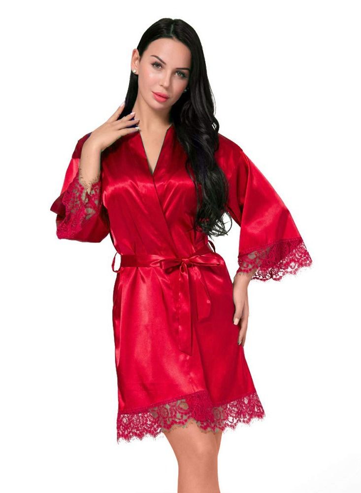 MARGOUN Women Satin Robe Belted Sleepwear Bridal Robe Kimono Satin and lace Sleeve Nightgown Red - Image 1