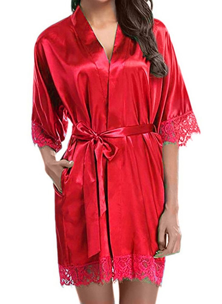 MARGOUN Women Satin Robe Belted Sleepwear Bridal Robe Kimono Satin and lace Sleeve Nightgown Red - Image 2