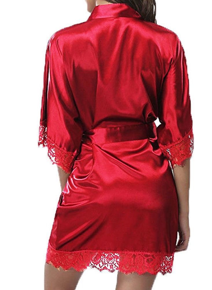 MARGOUN Women Satin Robe Belted Sleepwear Bridal Robe Kimono Satin and lace Sleeve Nightgown Red - Image 3