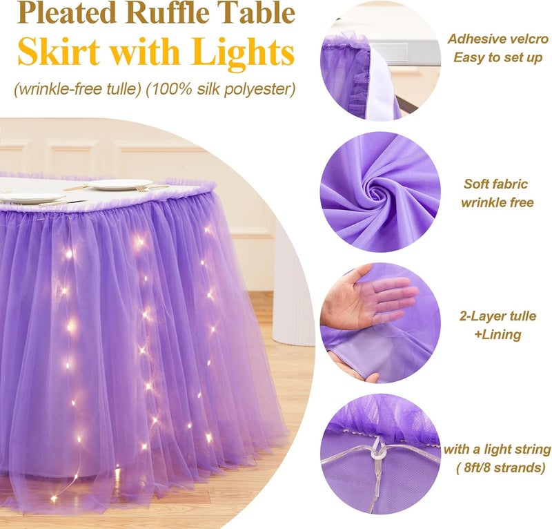 Shillance Store 9FT Purple Tulle Table Skirt for Rectangle or Round Tables Purple Tutu Table Skirt with LED Lights for Birthday Party Baby Shower Desk Skirt for Princess Wedding Banquet Cake Dessert Decorations - Image 4