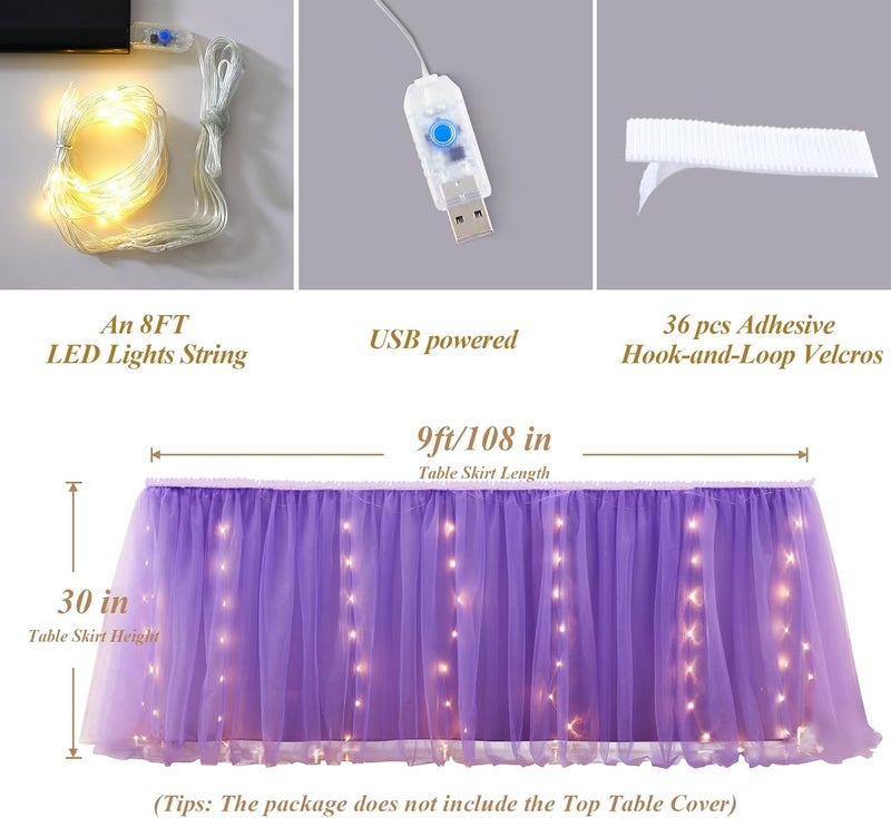 Shillance Store 9FT Purple Tulle Table Skirt for Rectangle or Round Tables Purple Tutu Table Skirt with LED Lights for Birthday Party Baby Shower Desk Skirt for Princess Wedding Banquet Cake Dessert Decorations - Image 5