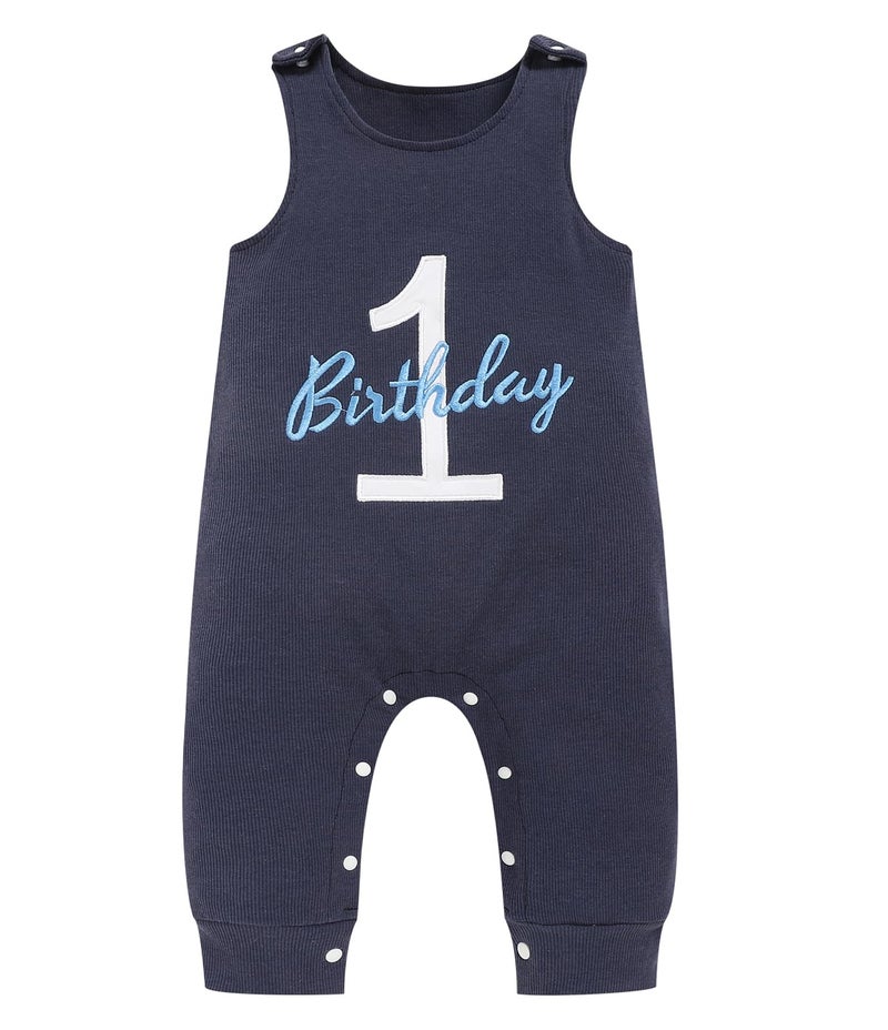 Viworld Baby Boy 1st Birthday Romper Infant Ribbed Jumpsuit Embroidery One Year Old Cake Smash Outfits (Navy Blue,12-18M) - Image 1