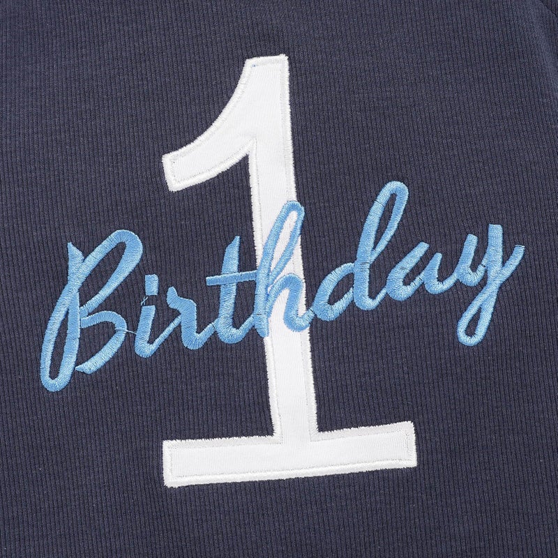 Viworld Baby Boy 1st Birthday Romper Infant Ribbed Jumpsuit Embroidery One Year Old Cake Smash Outfits (Navy Blue,12-18M) - Image 4