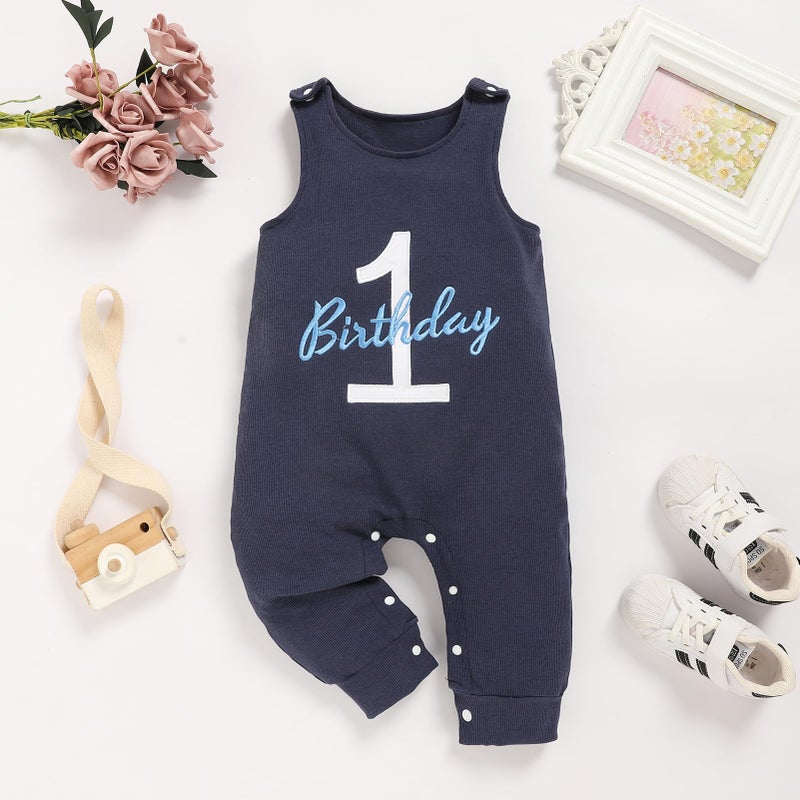 Viworld Baby Boy 1st Birthday Romper Infant Ribbed Jumpsuit Embroidery One Year Old Cake Smash Outfits (Navy Blue,12-18M) - Image 2