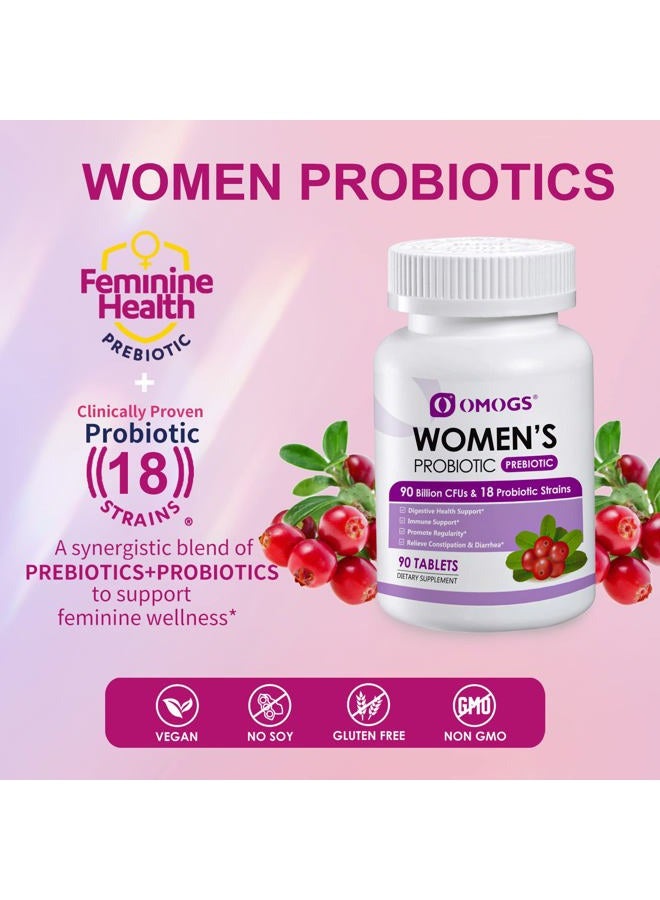 OMOGS Women's Probiotic, with Cranberry Extract, Organic Prebiotics & Vitamin C, 90 Billion CFUs,18 Strains, Help for Boost Immune, Digestive, Gut Health & Women's Health, Gluten & Soy Free,90 Tablets - Image 5