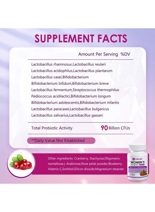 OMOGS Women's Probiotic, with Cranberry Extract, Organic Prebiotics & Vitamin C, 90 Billion CFUs,18 Strains, Help for Boost Immune, Digestive, Gut Health & Women's Health, Gluten & Soy Free,90 Tablets - Image 3