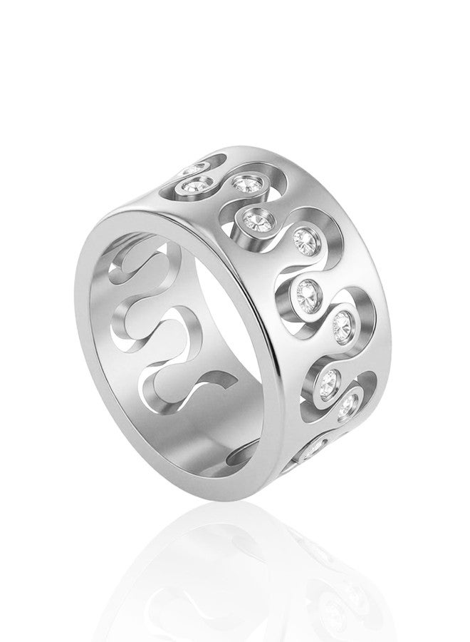 JINHUI 18K Gold Plated Ring for Women Cubic Zirconia Ring Wide Band Gold Ring with Crystal Accents, Decorative Swirl Design (Silver, 8) - Image 1