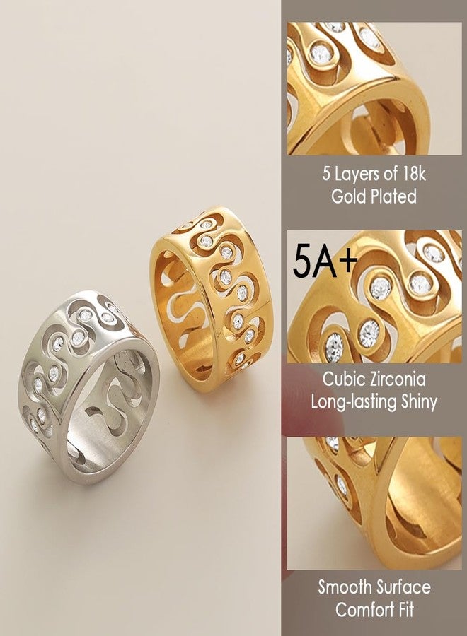 JINHUI 18K Gold Plated Ring for Women Cubic Zirconia Ring Wide Band Gold Ring with Crystal Accents, Decorative Swirl Design (Silver, 8) - Image 4
