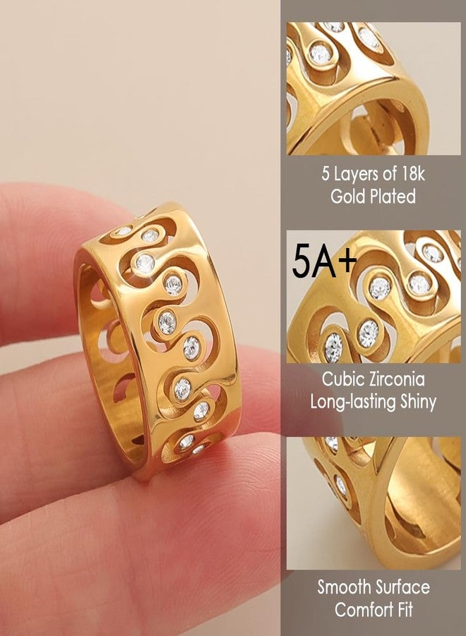 JINHUI 18K Gold Plated Ring for Women Cubic Zirconia Ring Wide Band Gold Ring with Crystal Accents, Decorative Swirl Design (Silver, 8) - Image 5