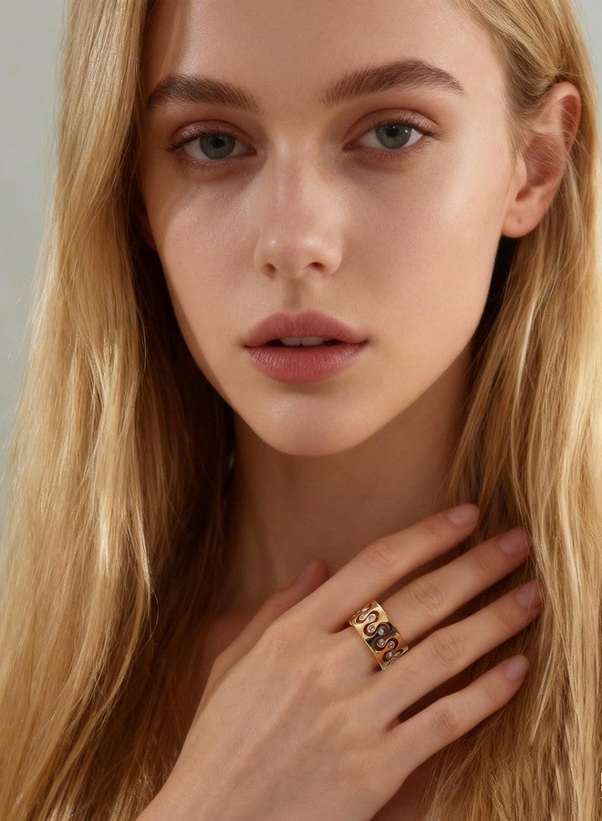 JINHUI 18K Gold Plated Ring for Women Cubic Zirconia Ring Wide Band Gold Ring with Crystal Accents, Decorative Swirl Design (Silver, 8) - Image 2