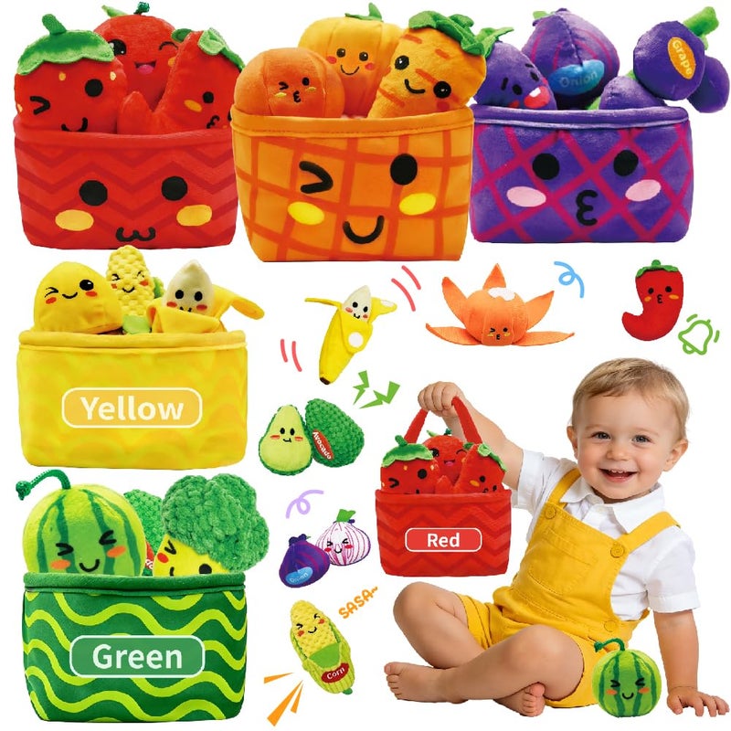 Kimicare Play Food for Toddlers 13 Plush My First Fruit Vegetables Basket Color Sorting Rattle Squeaker Crinkle Play Food Set for Kitchen Baby Sensory Toys Easter Basket Stuffers Birthday Gifts 20PCS - Image 3