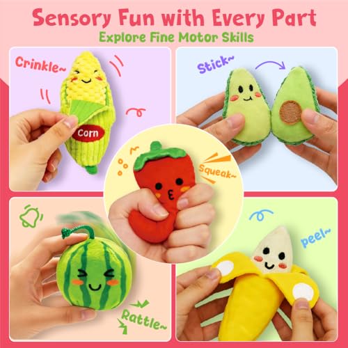Kimicare Play Food for Toddlers 13 Plush My First Fruit Vegetables Basket Color Sorting Rattle Squeaker Crinkle Play Food Set for Kitchen Baby Sensory Toys Easter Basket Stuffers Birthday Gifts 20PCS - Image 5