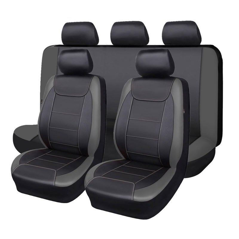 Flying Banner car seat Covers Protects Water Proof Faux Leather Carbon Fiber Front and Rear Bench Black Gray Full Set 8PCS