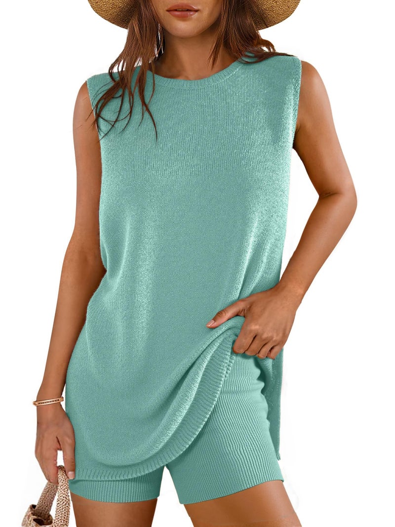Glamaker Women's 2 Piece Short Sets Summer Casual Sleeveless Ribbed Knit Two Piece Sets Beach Outfits (Teal M) - Image 1
