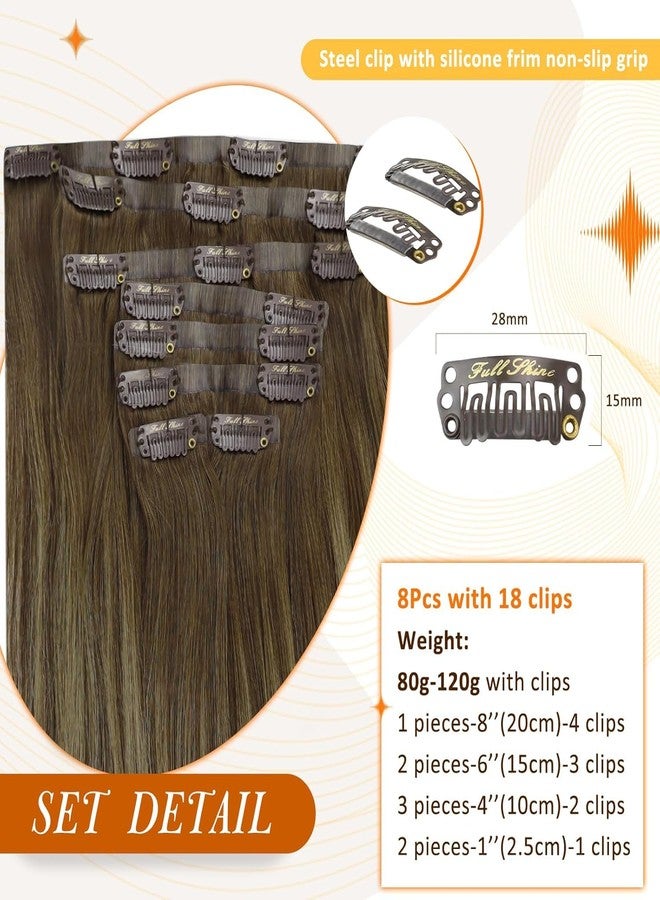 Full Shine Human Hair Clip in Extensions Brown Balayage Seamless Clip in Hair Extensions Human Hair Medium Brown with Honey Blonde Highlights Natural Seamless Look 18 Inch 8 Pcs 120 G - Image 3